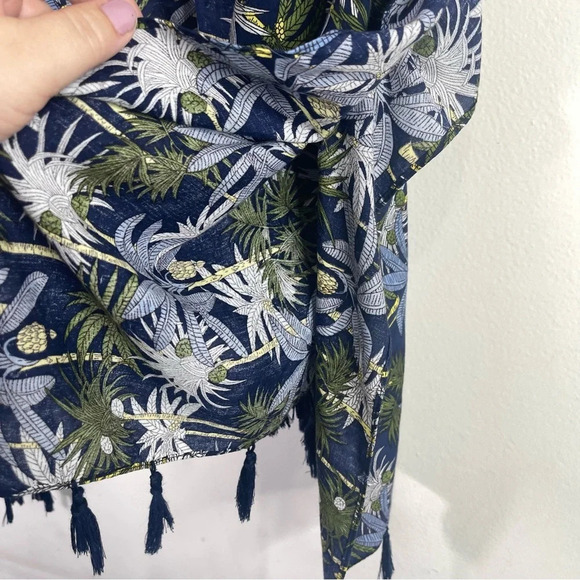 Janice Kimono Wrap Cover Up Navy Hawaiian Vacation Fringe Blue Green - Picture 5 of 6